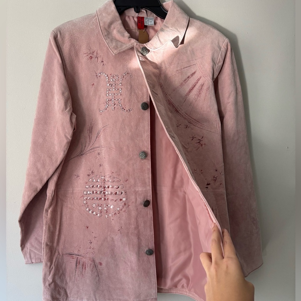 Vintage Ethereal Pastel Pink Painted Geisha Retro Indie Midi Suede Jacket Large - Picture 4 of 14